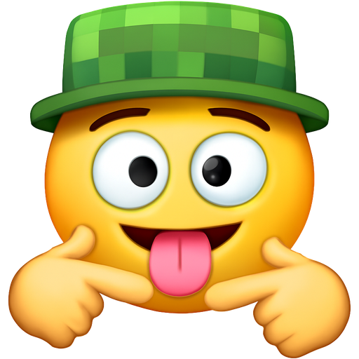 Create an emoji that has a face cross eyed with the tongue sticking out doing ππ»ππ» with his hands with a Minecraft hat on