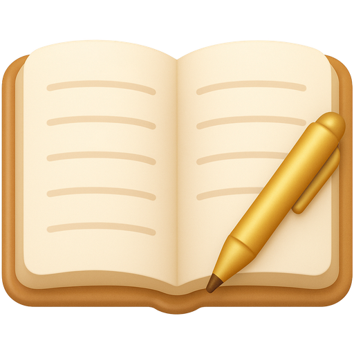 Open journal emoji with a gold pen, soft iOS rounded shapes, minimal shading, warm cozy aesthetic, neutral clean background