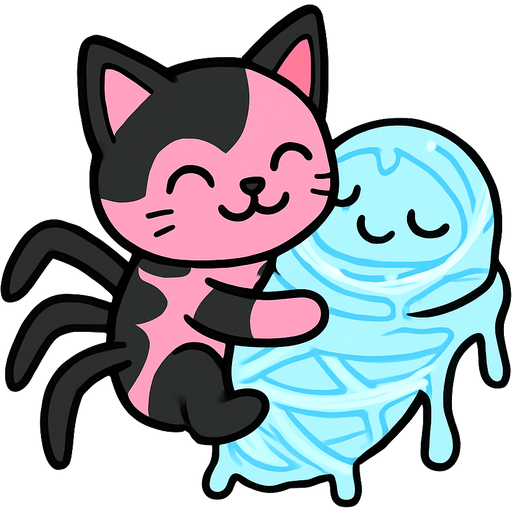 pink and black cat spider hybrid happy hugging #B8FFFF slikworm cocooned pod cat bee hybrid happy sleeping covered with #B8FFFF huge coating of #B8FFFF slik and huge #B8FFFF slik wrappings and huge #B8FFFF webbing wrappings #B8FFFF