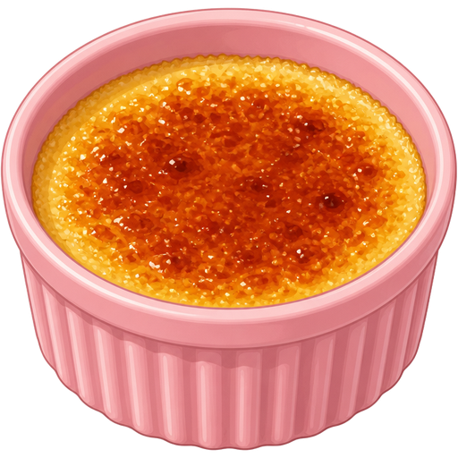 ghibli style | color #FF69B4 ceramic ramekin | crème brûlée inside ramekin | view: high-angle + front center + close-up