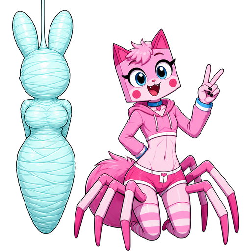 wrapped up and mummified fully covered in a #B8FFFF spider slik cocoon shaped like anthro female rabbit anthro arms behind back with #B8FFFF spider slik wrappings completely covered with thick layers non-transparent #B8FFFF spider slik wrappings based on cream the rabbit hanging on ceiling on left side next to an anthro femboy pink cat drider hybrid doing victory sign smiling based on unikitty