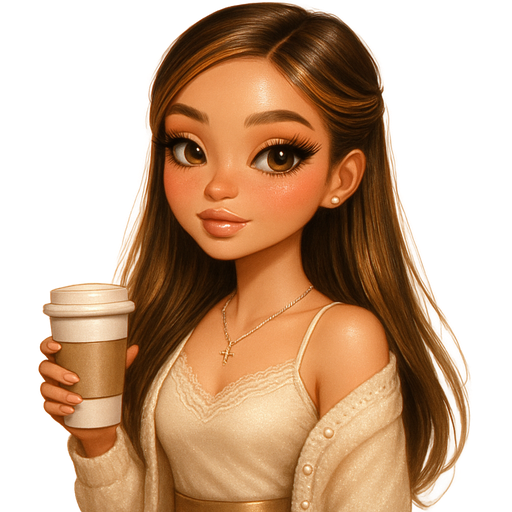 luxury glossy bratz-anime romantic aesthetic, warm cinematic glow, crisp clean detail, glossy glam skin. petite girl, warm soft-autumn tone, fair skin, honey-brown almond eyes, soft freckles, warm toasty glam makeup, glossy nude lips, flutter lashes, sweet Belle-princess vibe, long brunette honey balayage hair with visible light honey blonde highlights, sleek straight hair half pinned, dewy highlight and doll lashes with rosy gloss, lace cami with pearl cardigan and micro satin skirt, gold cross necklace and pearl studs, holding coffee cup and soft shoulder turn, pop-princess energy, shimmer highlight, sparkly glow