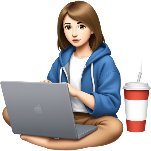 “Sticker of a female character matching the pose and camera angle of the reference photo, blue zip hoodie, white tee, typing on laptop, takeaway cup at right, simplified abstract painting motif behind, clean vector, bold outline, flat colors, soft ambient shadow, Telegram sticker style, 1:1, transparent background.”
