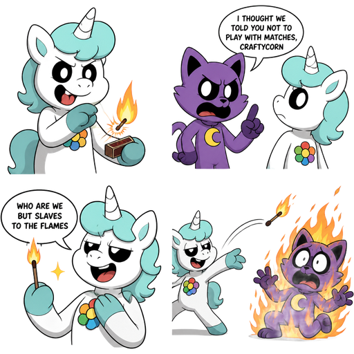 comic craftycorn strikes a match
catnap craftycorn (craftycorn turns her head)
catnap"I thought we told you not to play with matches, craftycorn" craftycorn:who are we but slaves to the flames craftycorn throws a match catnap burning