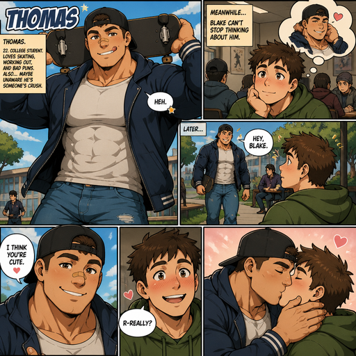 A Comic book story of a Bulky and muscular ANIME Cute Bara Man Who looks Normal and American with a round facial Structure and Basic facial structure With Big Pecs and Biceps and Bandaid on his nose. Wearing a Shirt and Unzipped jacket and jeans with and a backwards hat and his names named Thomas. Holding his skate board behind his head and licking his teeth. And his Crush Blake looking and dreaming of him. Then walk over to Thomas walks to Blake and says I think you’re cute. And Blake smiles.and kisses him