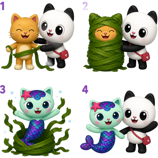 1 anthro cat getting wrapped up by pandy paws gabby dollhouse with seaweed seaweed cocoon shaped like anthro cat 3 mercat gabby dollhouse emerges from its seaweed cocoon shaped like anthro cat 4 mercat gabby dollhouse next to pandy paws gabby dollhouse