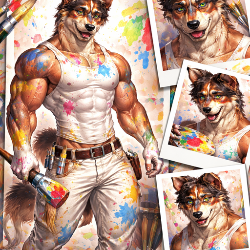 A Full Body and Facial Image of a Hunky and Chunky a Very Hot and Handsome German Shepard mixed with a Australian Shepard bara furry who is a Painter and Extremely muscular but not to muscular and Extremely Masculine and Handsome and Ginormous Arms and a Rounded Pecs very Short Strait Hair but tall and a little bit lean. Wearing all white with paint splatter all over him blushing