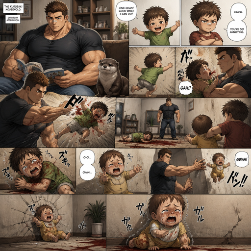 A DETAILED AND LIFELIKE LONG Anime Comic Book story view of a Bulky but Muscular ANIME Cute Bara Man With Peach toned skin Who looks Normal aind round facial Structure and Basic facial structure With Puffy and Big Pecs that are visible through the shirt and Biceps and Bandaid on his nose and Brown short hair that makes them look tough. Wearing normal With his pet Grown and healthy realistic otter and 2 little brothers that are in different ages but young. he never liked the middle child but it loved him and it flies to the floor and red comes from his nose from his grasp. And the baby was taken and discarded, and the one that like him got up while holding his elbow and A lot red on the ground and then the baby stick up for him but doesn’t speak well but then it flys to the wall from him. And the baby gets slowly and shakes
