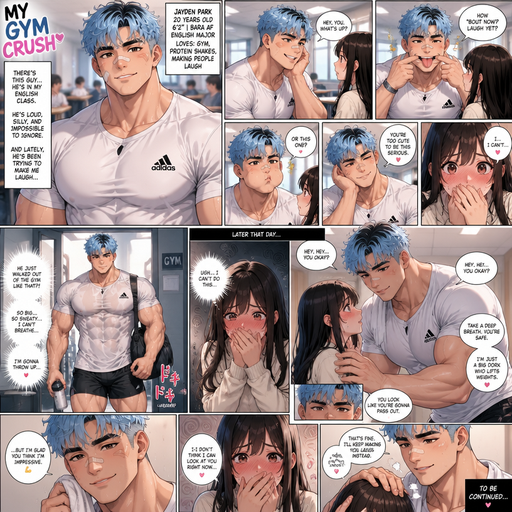 A Full page Anime Comic book story about of a masculine and Bulky ANIME Cute Bara Man American 20 year old with a ROUND and BASIC facial structure not to detailed With bigger than average Pecs that are visible through the shirt and Biceps and Bandaid on his nose and Left Cheek and Right Eye brow warring. Wearing a no piercings Baggy White Adidas Athletic shirt and Short and Light blue Korean Permed Hair and Black Roots and Strait with brown eyes. In class flirting with his crush and make faces to make her laugh and Then she blushes. Later that day she sees him walk out of the Gym and he’s so big and Muscular and sweaty. She’s blushing so hard she feels like throwing up. He notices and comforts her