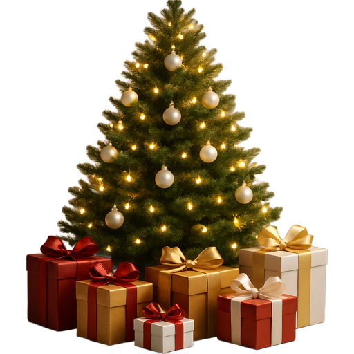 3D render, Christmas still life. A dense, textured green fir tree with matte white ornaments and cozy glowing lights. A luxurious pile of gifts with gold, red, and white wrapping paper and bows at the base. Cinematic lighting, bokeh.