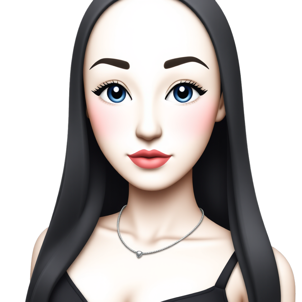“Pink lips “ “Thin eyebrows” White skin girl with long “black hair” she looks lovely whit really long eyelashes and eyeliner her eyes colour is blue she wears black cut dress with necklace and pink lipgloss and pink blush