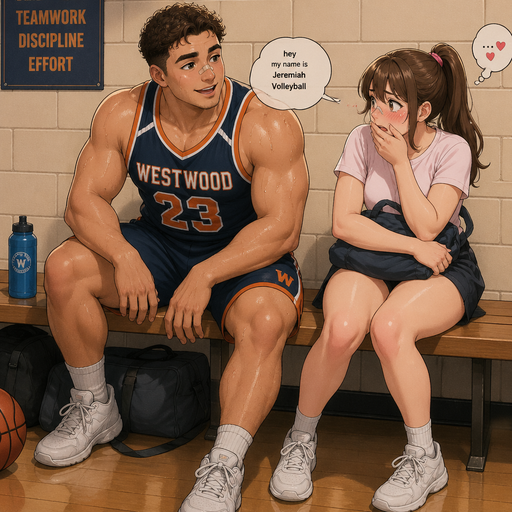 A Real life Full Body view of a Chunky Small but Muscular and more Muscle than Fat ANIME Cute Bara Man Who looks Normal and American with a round facial Structure and Basic facial structure With Puffy and Big Pecs that are visible through the shirt and Biceps and Bandaid on his nose. Wearing a Tight Basketball. Sitting on bench after practice drenched in sweat looking at his girl crush saying how was “ hey my name is Jeremiah Volleyball”. and her blushing