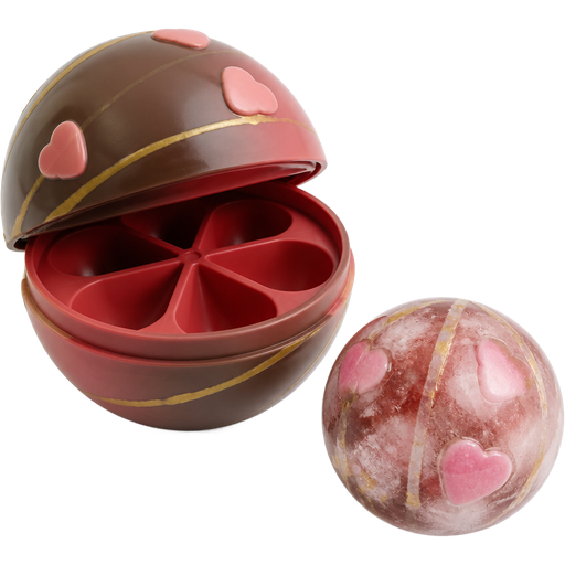 Valentine’s Day 8-Section Silicone Sphere-Shaped Ice Tray Brown and Red Swirled Ombré with Pink Hearts and Gold Stripes