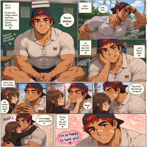 A Full page Anime Comic book story about of a masculine and Bulky ANIME Cute Bara Man American 20 year old with a ROUND and BASIC facial structure and TENAGE BARA CUTE MALE not to detailed With bigger than average Pecs that are visible through the shirt and Biceps and a big Bandaid on his nose and Left Cheek and Right Eye brow. Wearing a no piercings Baggy Cute and Perfect sized Polo shirt and Shorts and Scarlet Red Hair and Brighter Red Hair Tips and Strait with brown eyes and black eyebrows and a Backwards hat. Sitting down with his head still and his eyes looking up at you with a Hot, Cute and Dreamy smile And Balances Books on his head and doing other cute and Hot stuff in classrooms and Licking his lips Super Sweaty and Hot from his run outside And then Eating some food with his crush and she has cute aggression due to his puffy cheeks and the she squeezes his cheeks. And then he kisses her on the forehead and then she hugs him in happiness. Im so happy to have you