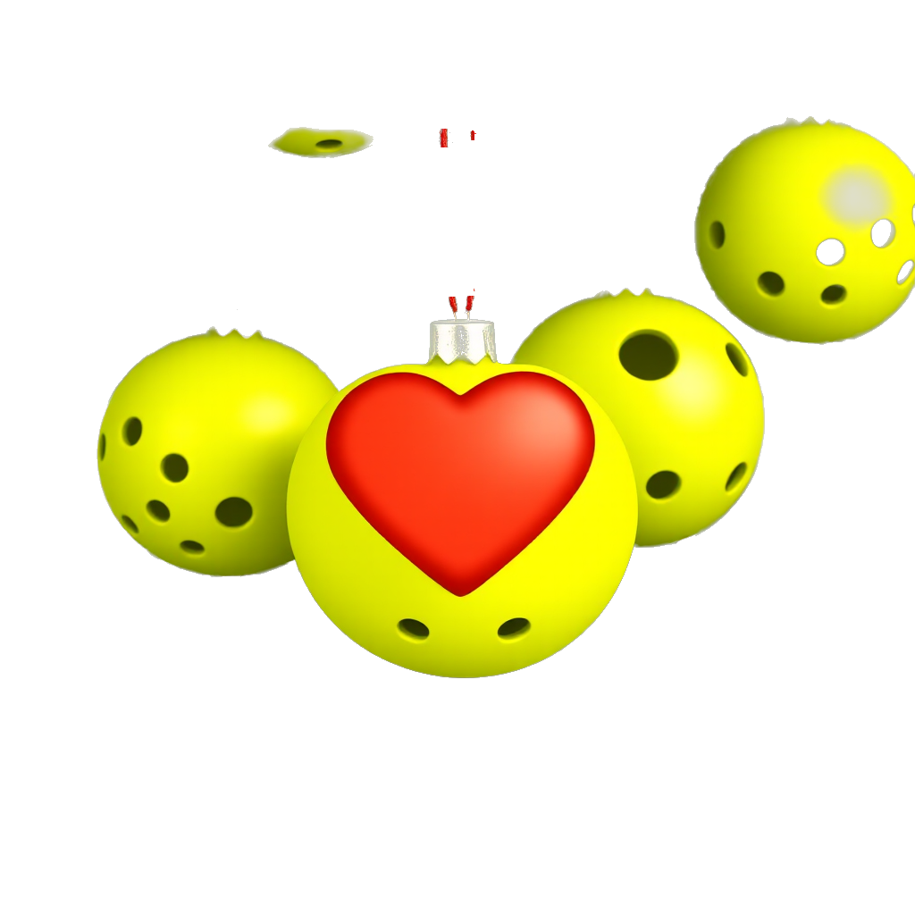 Lime green colored Perforated pickleballs with many equally spaced holes as Christmas tree ornaments and a big red heart ornament in the middle all hanging on a Christmas tree where the pine branches of the tree are very visible