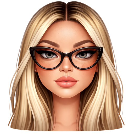 48 year old baddie with slightly full lips a slight bumpy nose round face cheek bones with freckles almond shaped gray colored eyes lashes nose stud fair skin with long straight blonde hair and dark roots parted in the middle serious and black glasses