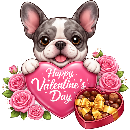 Valentine’s Day merle gray color French bulldog holding a pink heart that says Happy Valentine’s Day in cursive and pink roses and box of chocolates