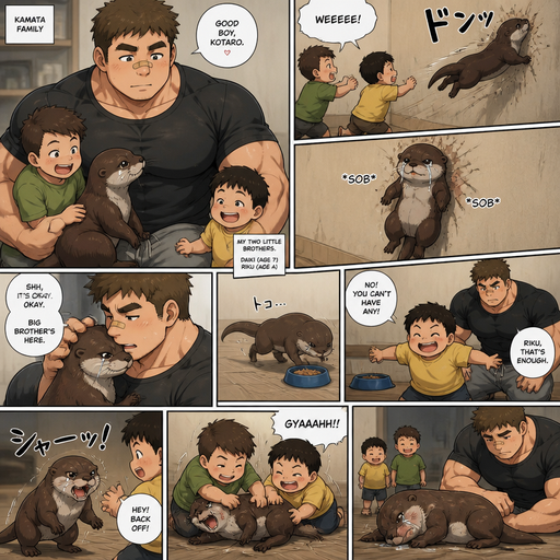 A DETAILED AND LIFELIKE ANIME Comic Book story view of a Bulky but Muscular ANIME Cute Bara Man With Peach toned skin Who looks Normal aind round facial Structure and Basic facial structure With Puffy and Big Pecs that are visible through the shirt and Biceps and Bandaid on his nose and Brown short hair that makes them look tough. Wearing normal With his pet Grown and healthy realistic otter and 2 little brothers that are in different ages but young. Then the otter flys to the wall from the little Brothers, and lays there and cries. And is comforted by the big brother again. And tries to walk to his Bowl of Food but one of the brothers stops and he doesn’t make it. And the otter defends himself and then cries when he’s outmatched a looses