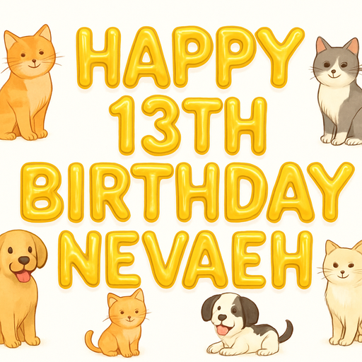 Yellow letter balloons that say “Happy 13th Birthday Nevaeh” with cats and dogs around it with a white background