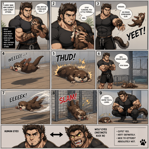 An Anime comic book showing frame by frame pictures of a Bulky and Slim and Small Waist and Huge Biceps but Muscular and more Muscle than Fat ANIME Cute Bara Man Who looks Normal and American with a round facial Structure and Basic facial structure With Puffy and Big Pecs that are visible through the shirt and Biceps and Bandaid on his nose and is Hot and Cute. And he has anthropomorphic Wolf features like a Wolf tail and Ears and Teeth and more body hair and a little bit more Hair on his head and has claws and no human ears and more hair on his head but still short and can change eyes from human to wolf when his instincts show and but has a Pet baby otter and doesn’t like him and to cling to his liking, and he bullies it. And it flys to the ground and lays there. And The otter flys into the back and his back hits the back of the doggy pen and lands on the ground hard