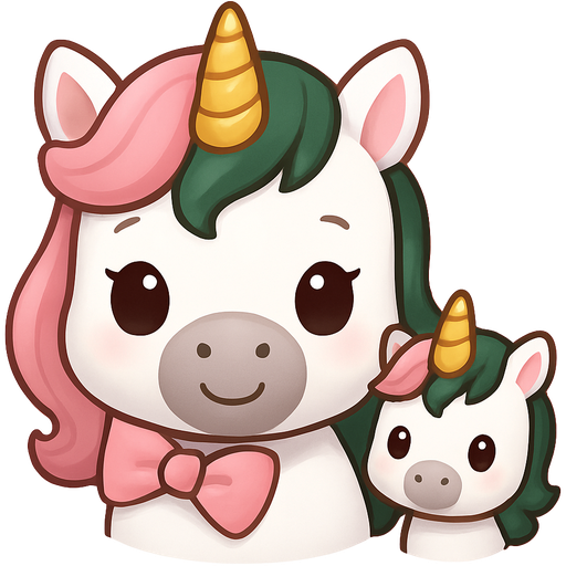 Baby Unicorn with a bow and a little baby unicorn with bow on the side, the unicorns are white with a pastel pink and dark matcha green hair