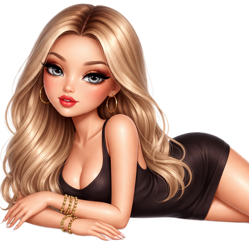 soft airbrushed glam, mini plush Bratz-doll aesthetic, cinematic glow, crisp clean detail, glossy soft skin. Gray eyed skinny Petite girl, fair skin with freckles, wide face with tall forehead, gray almond wide-set upturned eyes, fluttery lashes, shimmer highlight, plush lips, bottom heavy lip, sweet Belle-princess vibe, medium-long icy blonde hair with visible caramel highlights. softly defined feminine body, soft hourglass shape with full round bust, wearing a black scoop neck low rise dress. layered gold bracelets, thin gold hoop earrings. brown smokey liner. hair with dark middle part, soft layers. sleek almond nails. peachy-pink blush with shimmer highlight, plush red lips. lying on side slightly with forearms crossed pose. serious gaze. full body side view. Cozy romantic glow, soft warm lighting, pop-princess energy