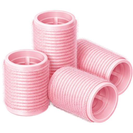 realistic, high-quality illustration of a set of Velcro hair rollers in soft pink tones. The rollers are cylindrical with a textured Velcro surface, showing fine, detailed fibers for a realistic look. They are arranged in a cute, balanced composition, such as slightly stacked or casually grouped together. Colours range from blush pink to light pastel pink, keeping the tones soft and feminine. The rollers have hollow centres and clean, defined edges with accurate proportions