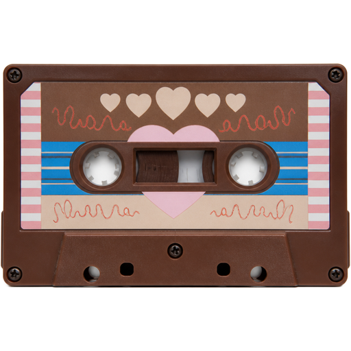 Valentine’s Day Brown Cassette Tape with Blue Stripes and Pale Sand Brown Heart Printed Patterns and Red Squiggly Line Patterns with a White Pink Heart along with Pink Stripes on Side