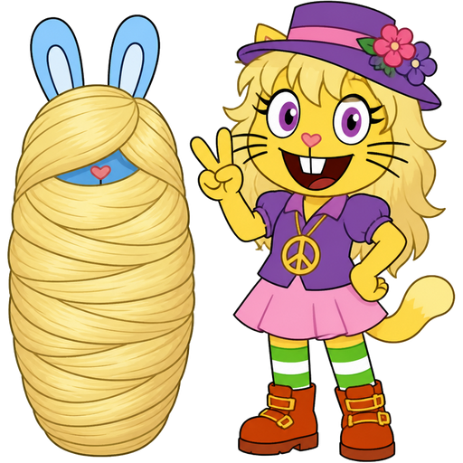 1 blue rabbit with black underwear getting wrapped up by furry yellow cat anthro with purple eyes whiskers blonde hair purple and pink florist hat and purple florist outfit green and white socks and red orange boots with buckles light pink skirt peace sign necklace with blonde hair 2 blonde hair cocoon shaped like blue rabbit completely covered with blonde hair cocoon like mummy front view next to furry yellow cat anthro with purple eyes whiskers blonde hair purple and pink florist hat and purple florist outfit green and white and red socks orange boots with buckles light pink skirt peace sign necklace happy tree friends version