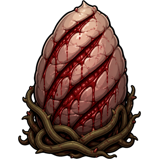 Blooderfly Cocoon. It is an organic, fleshy pod or egg sac wrapped in vine-like structures at the base with distinctive bloody gashes running diagonally along its shell.