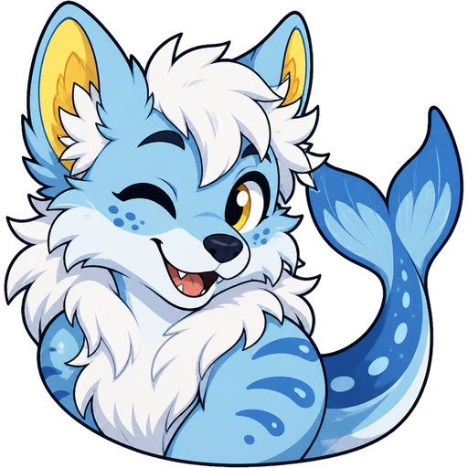 original aquatic fursona) featuring a fluffy white mane, light blue fur, yellow inner ears, and a prominent fish or whale tail.
