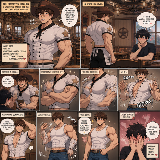 A Very Detailed ANIME comic book story of a Beefy and Bulky and Huge Beefy Pecs and Biceps an Muscularly above average High schooler but Muscular and the Perfect and Slim waist Non-Stocky Build and ANIME Cute Bara Dreamy and attractive Chef with a Cowboy hat in a Cowboy themed restaurant with Peach toned skin Who looks Normal 20 year old American with a round facial Structure and A Non-detailed Face and Facial Structure and ROUND and BASIC facial structure and No Facial Hair With Puffy and Big Pecs that are visible through the shirt and Biceps and Bandaid on his nose and Fluffy strait Brown hair. And wearing a Nice Chef clothe that are short around the waist s walking and goes to the table were his crush and shows of his Muscles discreetly cause he doesn’t want to bring attention to himself but he very Dreamy and Manly likes licking his Teeth. And makes his male Crush blush cause of how perfect he is. And he flexes his pec and pec bounces and rips his uniform and panics. So then he plays it cool and is wearing now a shirt that is Buttoned only in town spots and changes into a tank top that’s tight around the waist and jeans