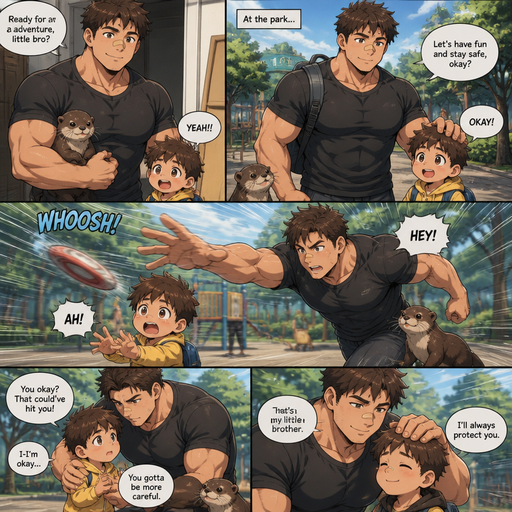 A DETAILED AND LIFELIKE ANIME Comic Book story view of a Bulky but Muscular ANIME Cute Bara Man With Peach toned skin Who looks Normal aind round facial Structure and Basic facial structure With Puffy and Big Pecs that are visible through the shirt and Biceps and Bandaid on his nose and Brown short hair. With A realistic otter and baby brother. And he goes and take his baby brother to the park. And a something flies at the baby brother‘s at the park. And He doesn’t like his baby brother