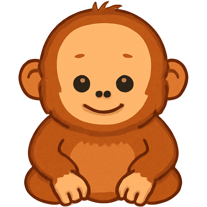 Full body cute chubby baby orangutan sitting down. It has a mostly bald forehead and small ears. Take your time to make the head and body as cute and detailed as possible