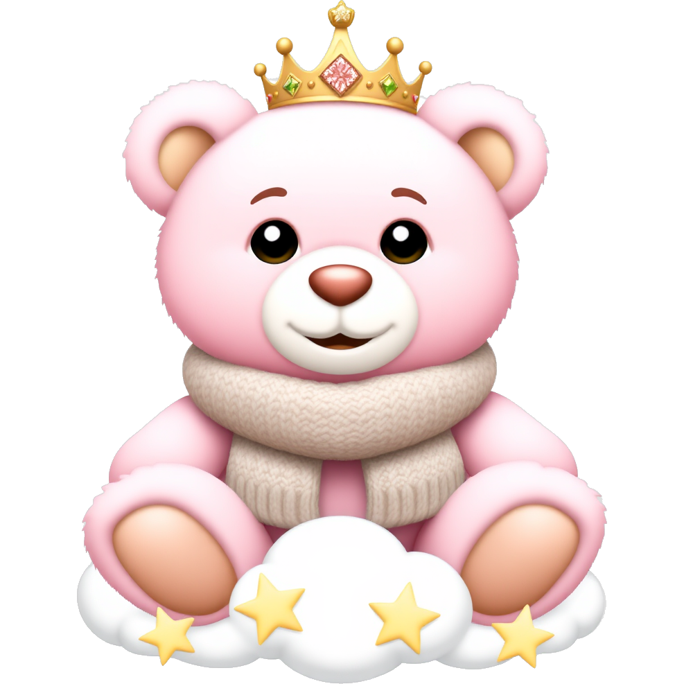 Adorable teddy bear wearing a tiny, sparkling crown and a cozy knitted scarf. Its soft pink fur is accented with rainbow-colored patches, and it sits atop a fluffy cloud surrounded by twinkling stars, offering a warm, inviting smile that melts hearts.