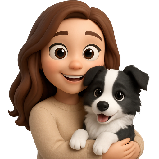 An white girl with long brown slightly curly hair and beige sweater holding a silver border collie puppy