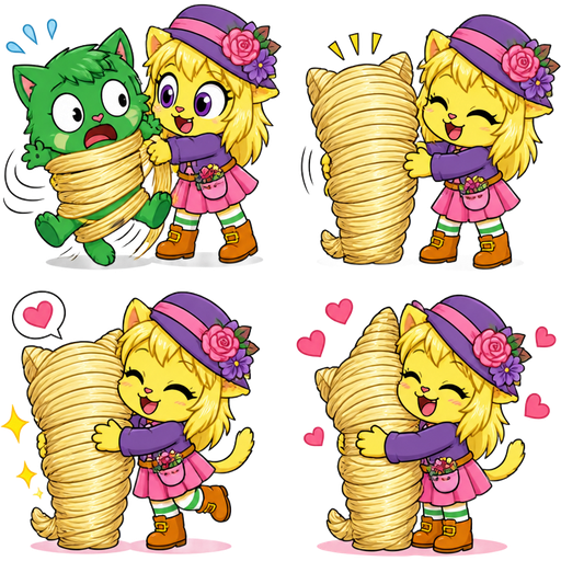green boy cat furry getting quickly wrapped up mummified by furry yellow cat anthro with purple eyes light blonde hair purple and pink florist hat and purple florist outfit green and white socks orange boots with buckles pink skirt with light blonde hair 2 light blonde hair mummy shaped like green boy cat furry completely covered with light blonde hair mummy then furry yellow cat anthro with purple eyes light blonde hair purple and pink florist hat and purple florist outfit green and white socks orange boots with buckles pink skirt hugs the light blonde hair mummy cute chibi kawaii cartoon happy tree friends comic version