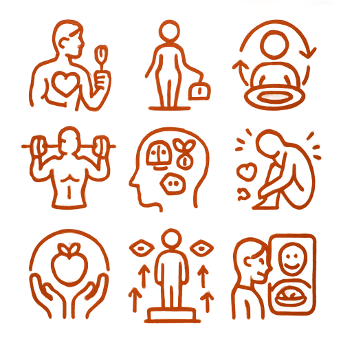 Create 11 icons in orange outline, minimalist style, representing eating disorders in sports: 1. Athlete silhouette with food symbols and heart, symbolizing health and body relationship; 2. Very thin figure with scale and weight-loss line, representing anorexia; 3. Person with plate and circular arrows, symbolizing binge-purge cycles of bulimia; 4. Muscular athlete lifting weights, highlighting obsession with muscle (muscle dysmorphia/vigorexia); 5. Human head with gears and icons of scale, medals, and social media, showing psychological and social causes; 6. Tired, hunched figure with symbols of fatigue, heart, and bones, representing physical and mental consequences; 7. Hands holding an apple and healthy silhouette inside a protective circle, symbolizing prevention; 8. Figure being supported by hands with nutrition and psychology icons, representing treatment and recovery; 9. Athlete at starting line or podium with arrows and eyes around, symbolizing pressure and expectations; 10. Smartphone with likes and athlete photos, person looking at it, representing social media influence; 11. Person smiling in front of mirror with healthy eating and wellness symbols, showing positive body relationship. All images should have simple lines, orange outlines, transparent or white background, consistent icon style.