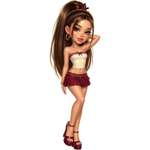 semi-realistic soft cartoon luxury glam, mini plush Bratz-doll aesthetic, cinematic glow, crisp clean detail, glossy glam skin. brown eyed Petite 5ft girl, fair skin with soft freckles, wide face with tall forehead, honey-brown almond wide-set upturned eyes, fluttery lashes, shimmer highlight, plush lips, bottom heavy lip, sweet Belle-princess vibe, long straight brunette hair with visible caramel highlights, wearing a buttercream tube top with maroon lace trim and a wine low-rise pleated micro skirt, gold hoops, a delicate waist chain, platform heels, hair in a high ponytail secured with a claw clip and loose face-framing pieces, makeup with soft gold lids, long doll lashes, rose-gold blush, and a creamy beige gloss, standing with one leg forward and one hand behind her head in a cheeky popstar pose