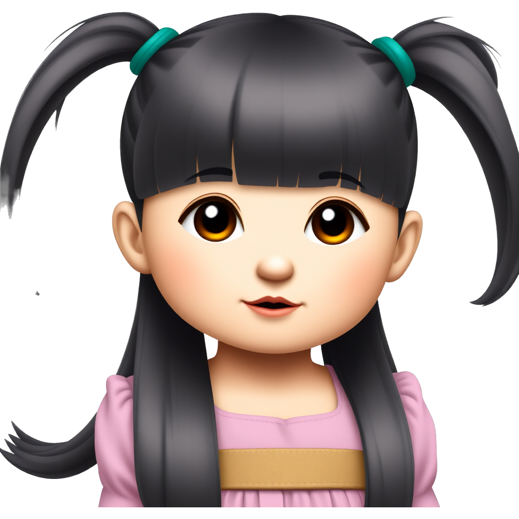 Dark hair, straight bangs, super long double ponytail, little girl, Asian Face, big eyes and lovely face, she likes to wear cute dress