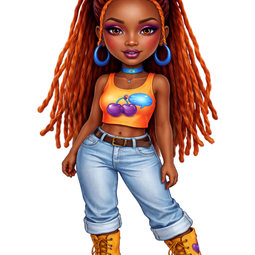 Cherry Crisp with a Dark-Deep Neutral Espresso Skin Tone with a Heavy Lower Lip Shape with a Fairy Set Eyelash Set Up with a Lost Cherry Purple Lipstick Look with a Magenta Purple Eyeshadow and a Natural Arched Eyebrow with a Protruding Eye Shape and a Triangle Face Shape Wearing Orange Long Faux Dreadlocks in a Half-Up-Half-Down Hairstyle Wearing Blue Bold Crescent Hoop Earrings Wearing a Blue Choker Necklace With a Bright Orange Cropped Top With a Print of a Purple Cherry with a Blue Speech Bubble in the Back of it with Light Blue Denim Jeans with it being rolled up at the ends Wearing Yellow Suede Laced Boots with a Printed Pattern of Two Purple Hearts on both Sides Wearing a Brown Belt With a Gold Buckle and A Mature Adult Toned Build with a Cinematic Radiance and Vivid with Distinct Features and High Visual Textures In a Soft Polished Shine