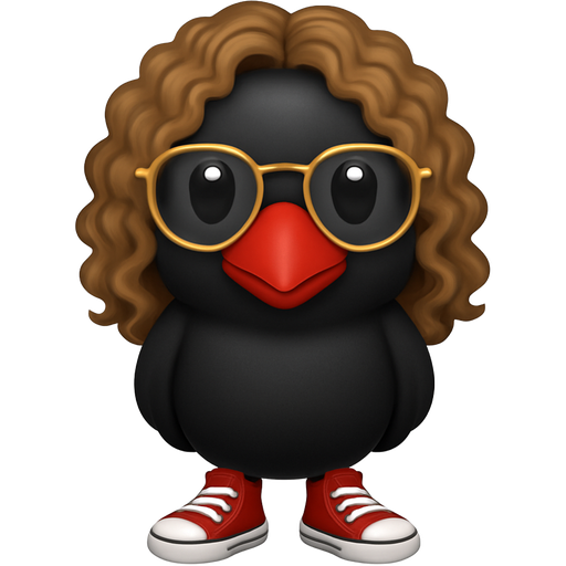 Cuervo mujer, con pelo castaño claro rizado en tirabuzones, gafas con el borde dorado en los ojos, en los pies unos allstar rojos y en el pico los labios pintados de rojo