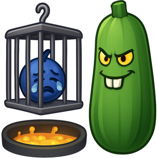 A giant handsome zucchini with a face and yellow ominous eyes and buck teeth standing in front of a cage with a crying blue plum inside that appears to be dangling above a pit of acid