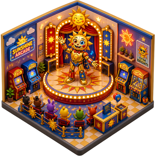 A colorful, gold sun-themed animatronic robot with red and blue accents stands on a brightly Ilt stage with an audience and arcade machines.