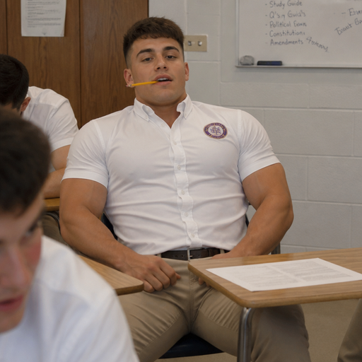 A Real life Full Body Image of a Hugely Muscular American White skinned Teenage Jock with a BASIC and ROUND looking face and Low taper fade with Dark Brown hair and brown eyes and Big Arms and Big Pecs with a Tall Grotesque wrestler’s body. Tight Buttoned up in a School Uniform shirt with a Logo on it. holding a pencil in his Mouth sideways in a chair. And Making the the guy that has a crush on him Blush’s and lookins at him