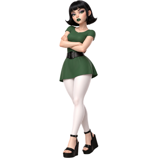 Buttercup With a Fair-Light Cool Vanilla Skin Tone and a Downward Lip Shape with a Extra-Voluminous Eyelash Style Set Up and a Dark Green Matte Lipstick with a Silvery-Purple Eyeshadow and a Short Eye Shape with an Almond Eye Shape and a Heptagon Face Shape with a Black Flip Bob Including Bangs and Green Eyes wearing a Green Short-Sleeved Dress and a Black Thick Belt Wearing White Long Legging Pants and Black Wedge Closed To Buckle Ankle-Strap Platform Sandals and a Luminous Glazed Complexion with a 3D Naturalistic Animation and a Mature Adult Curvy Toned Build with a Luxury Glossy and a Refined Pristine Set Up with a Theatrical Appearance