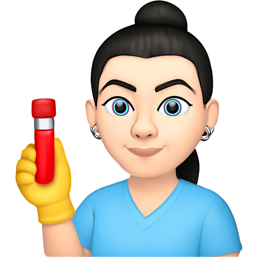 phlebotomist with white skin and and 2 nose rings and and black hair arched eyebrows and folded ponytail on top of head light blue eyes
