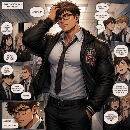 An Anime Comic book story Manly and Masculine Buff with the Perfect Physique and Bigger in muscle size than most guys but not to big ANIME Cute Bara Man Who looks Normal and American High schooler build and not to grown up with a round facial Structure and Basic facial structure With Puffy and Big Pecs that are visible through the shirt and Biceps and Bandaid on his nose and Short hair that makes him look Tough. Wearing a School Uniform and Leather jacket over it with a Logo and Glasses. And Is walking in the Hallway Looking Hot and Tussling his hair and everyone is talking about him