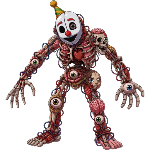 a monster made out of body parts organs bones muscles brains eyeballs head wearing a clown mask head body arms and legs view based on ennard sonic x version