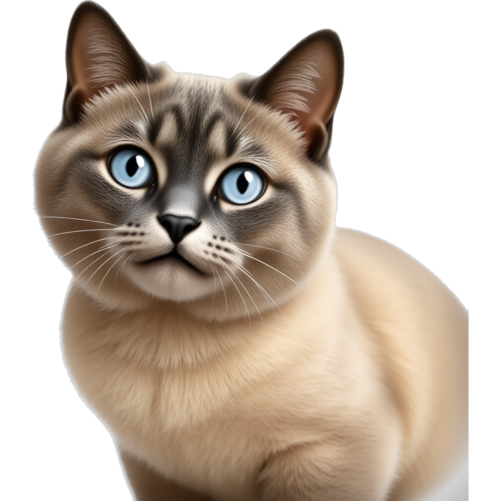 Gros chat siamois énervé gris obèse avec des yeux bleus position. Son visage est noir et le reste de son corps est beige